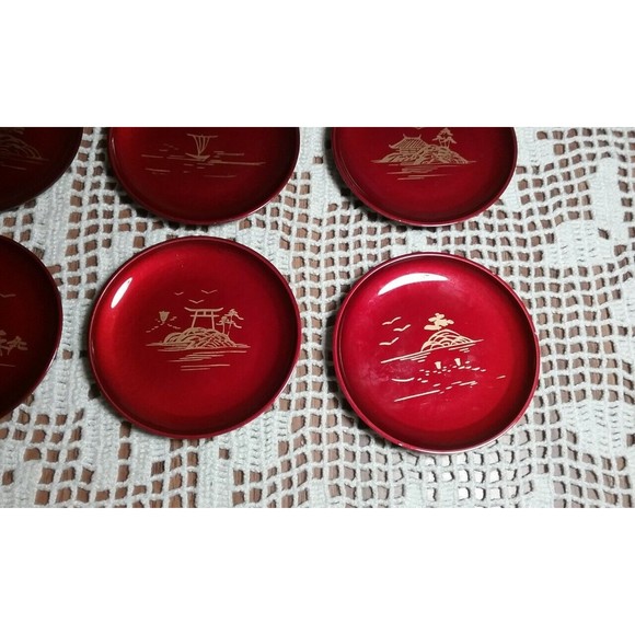Dining Japanese Lacquerware Coasters Box Set Of 6 Red Black Gold